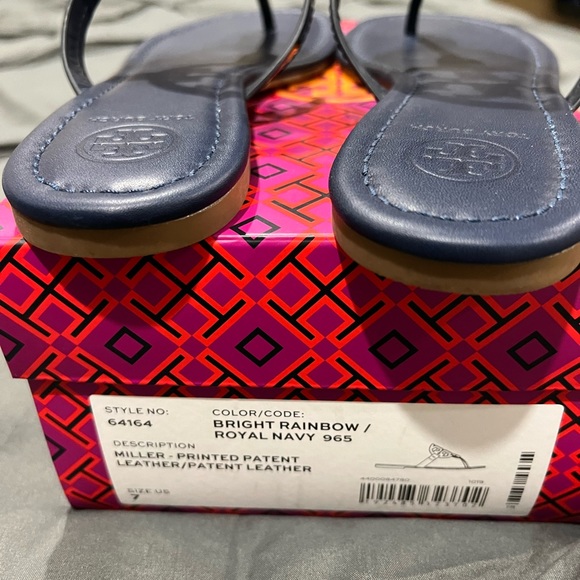 Tory Burch Miller Patent Leather sandal. Bright Rainbow/Royal Navy. Size US 7. - Picture 4 of 7